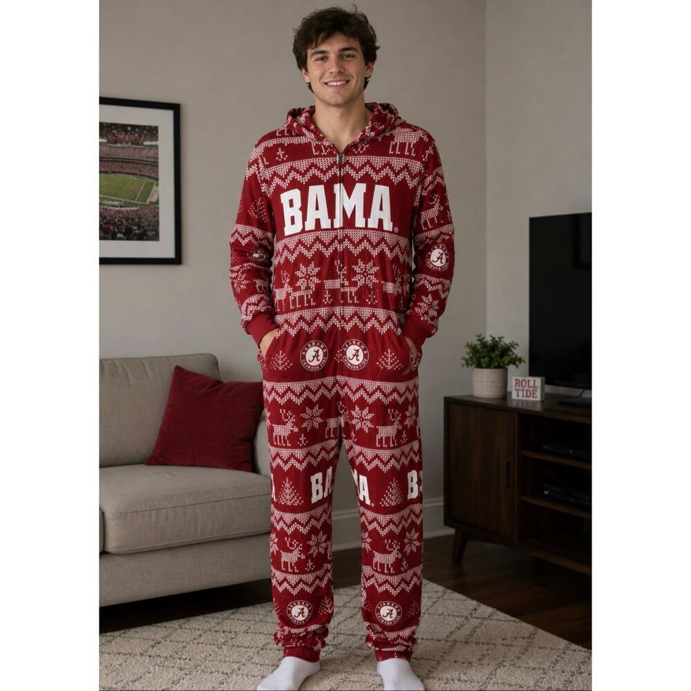 Alabama Crimson Tide  Men's Ugly Pattern Holiday Pajama One piece sleepwear Medi